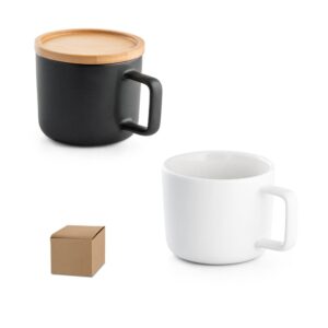 FANGIO. Tasse aus Keramik 220ml mit Deckel aus Bambus, der als Untersetzer dient