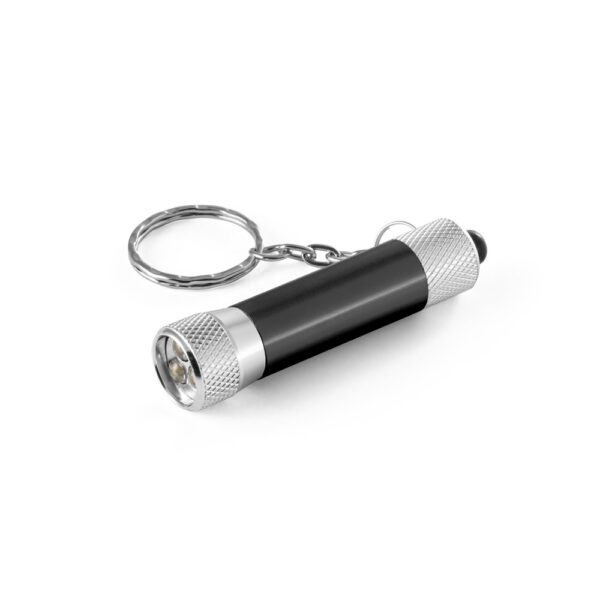 RE-LERGAN. Schlüsselanhänger aus Aluminium (92% recycelt) mit 3-Licht-LED-Taschenlampe - schwarz