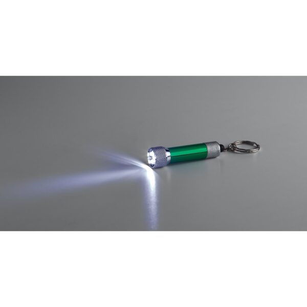 RE-LERGAN. Schlüsselanhänger aus Aluminium (92% recycelt) mit 3-Licht-LED-Taschenlampe
