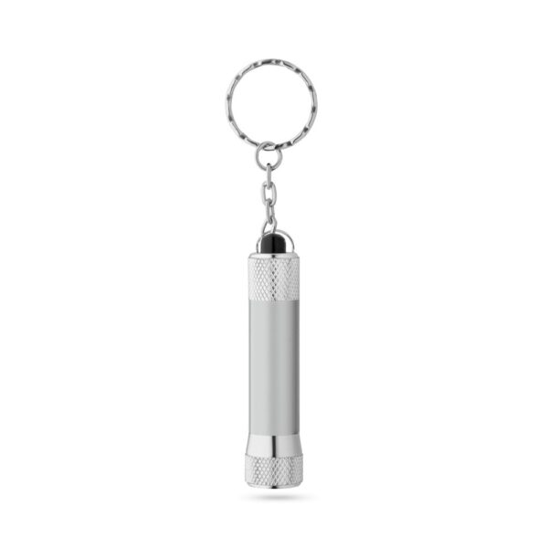 RE-LERGAN. Schlüsselanhänger aus Aluminium (92% recycelt) mit 3-Licht-LED-Taschenlampe